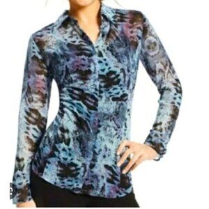 Cabi Women's semi Sheer Long Sleeve Blouse top Blue python Size Large